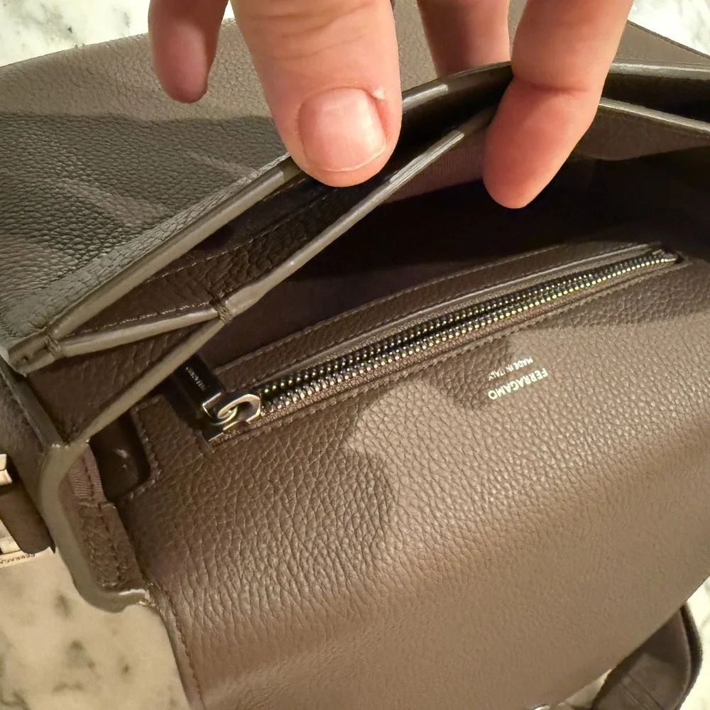 Salvatore Ferragamo Fiamma‎ Crossbody Bag in tan pebbled leather